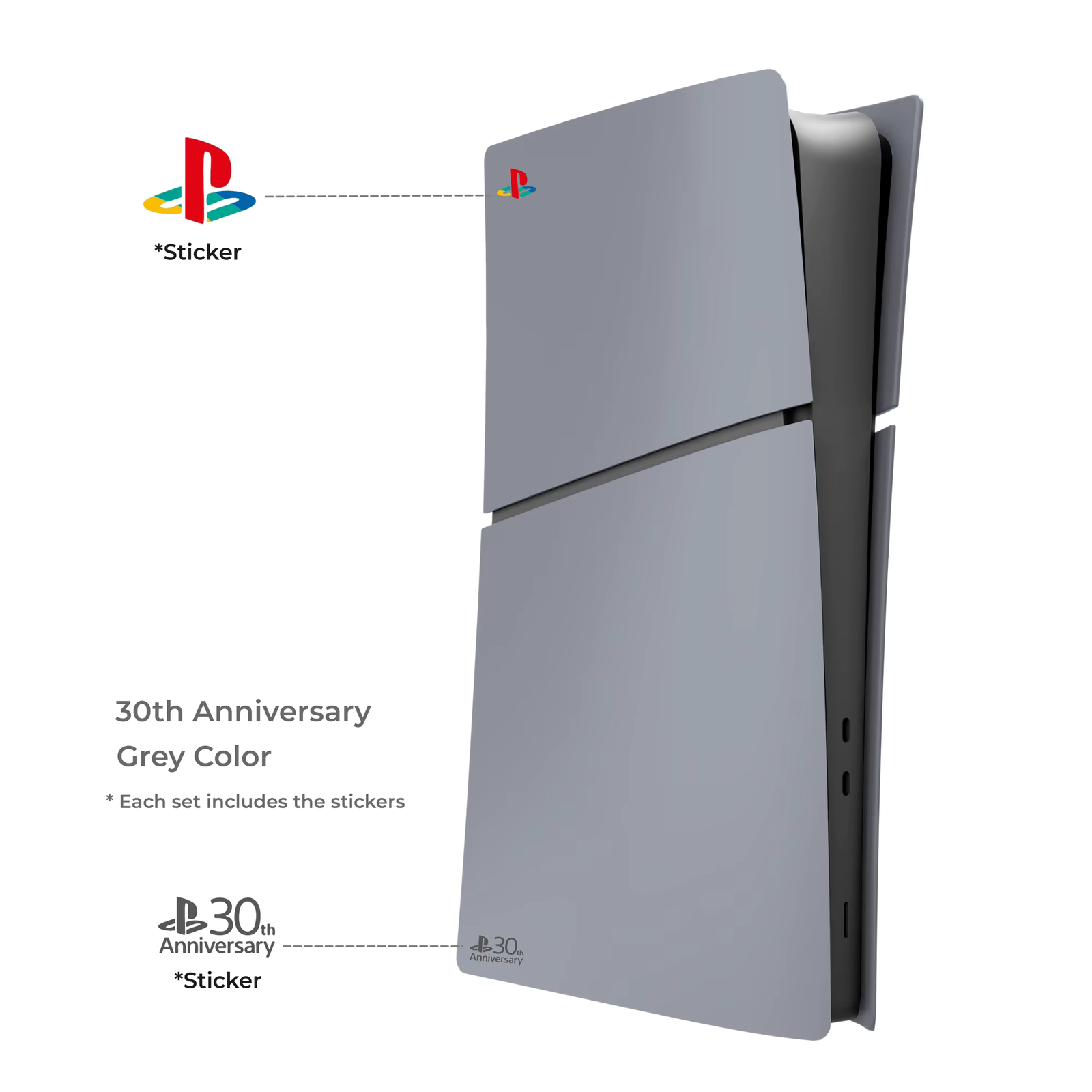 DIY Decoration Accessories Faceplate Replaceable 30th Anniversary Grey Side Shell Panels with Logo Sticker for PS5 Slim Console