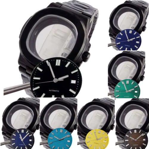 Bliger 40mm Square Black PVD Mens Watch Case Sterile Dial Hands Fit NH34 NH35 NH36 ETA 2824 PT5000 Movement Glass Back