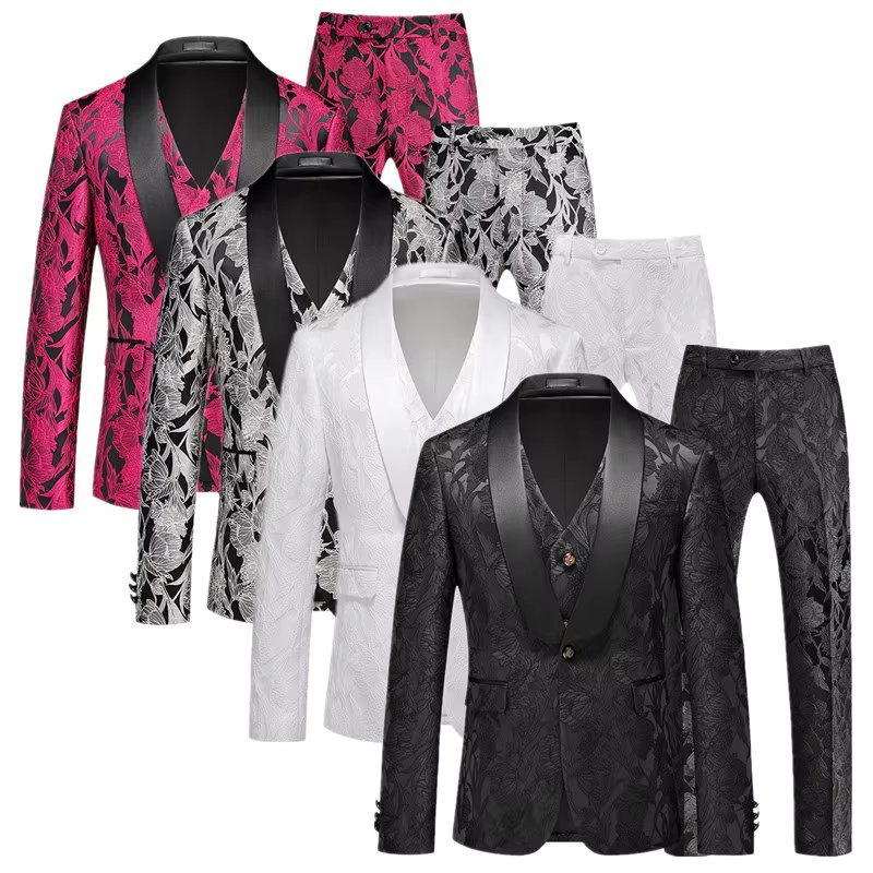 ( Jacket + Pant + Vest ) Men Fashion Luxury Wedding Jacquard Suit 3 Piece Trend Singer Prom Party Stage Performance Tuxedo Set