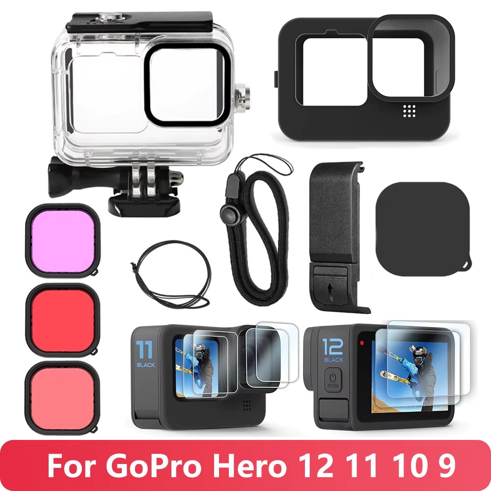 For GoPro Hero 12 11 10 9 Waterproof Housing Silicone Sleeve Case Screen Protectors Battery Side Cover Filter Go pro Accessories
