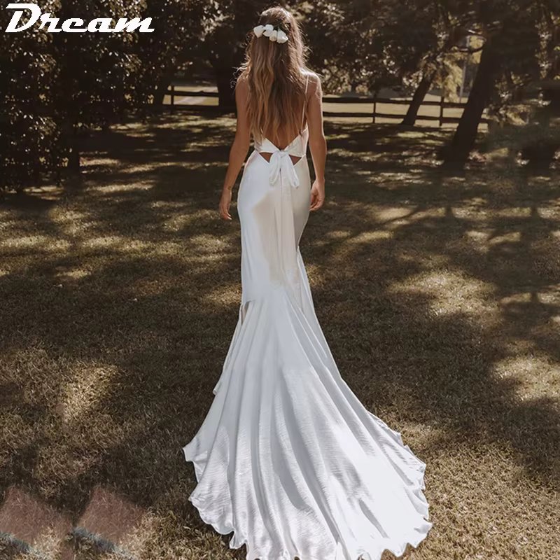 DREAM Customized Elegant Cowl Neck Mermaid Wedding Gown For Brides With Bow Spaghetti Straps Simple Backles Bridal Dresses 2025