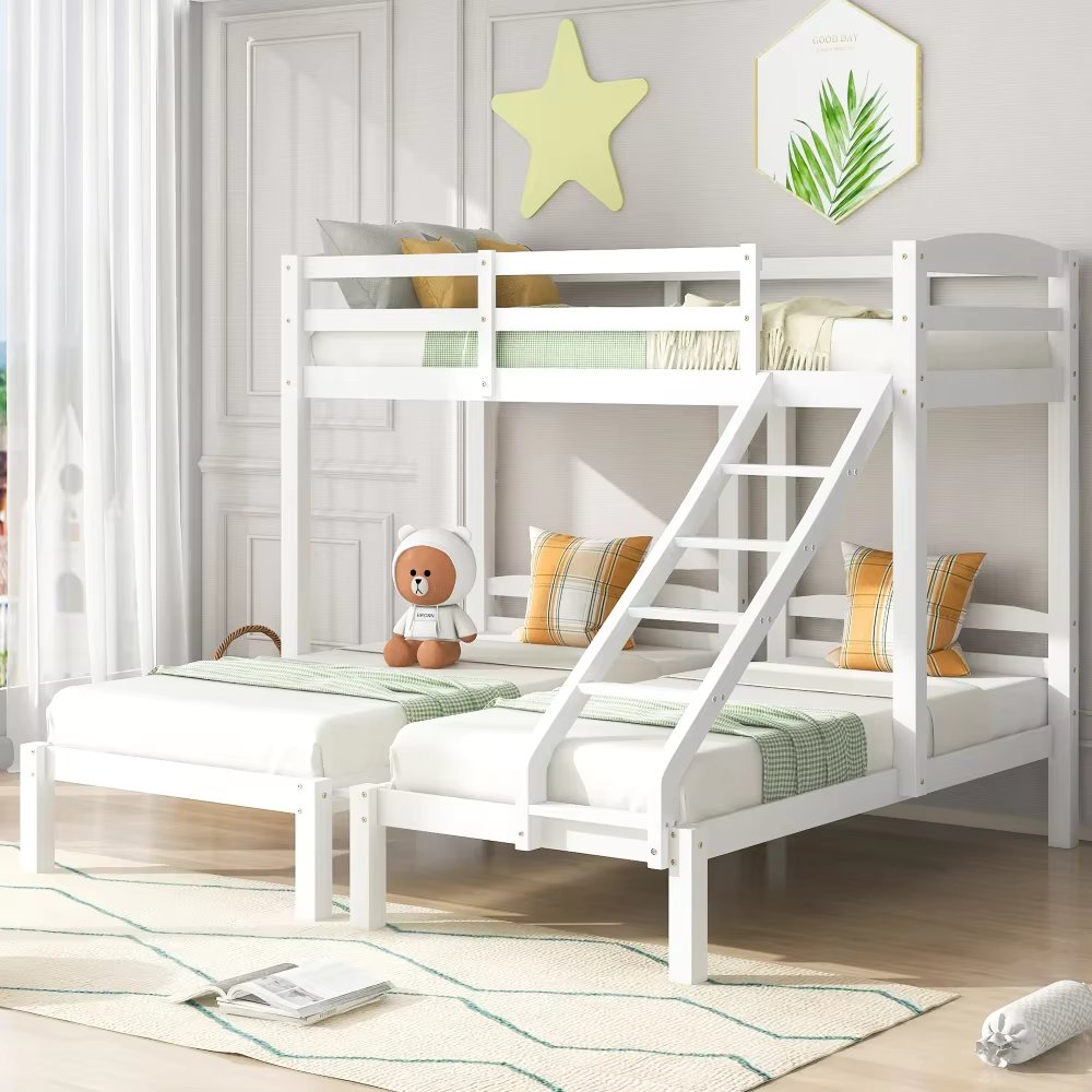 Bunk bed 90x200 cm, triple loft bed with fall protection, slatted frame and table, white (without mattress)