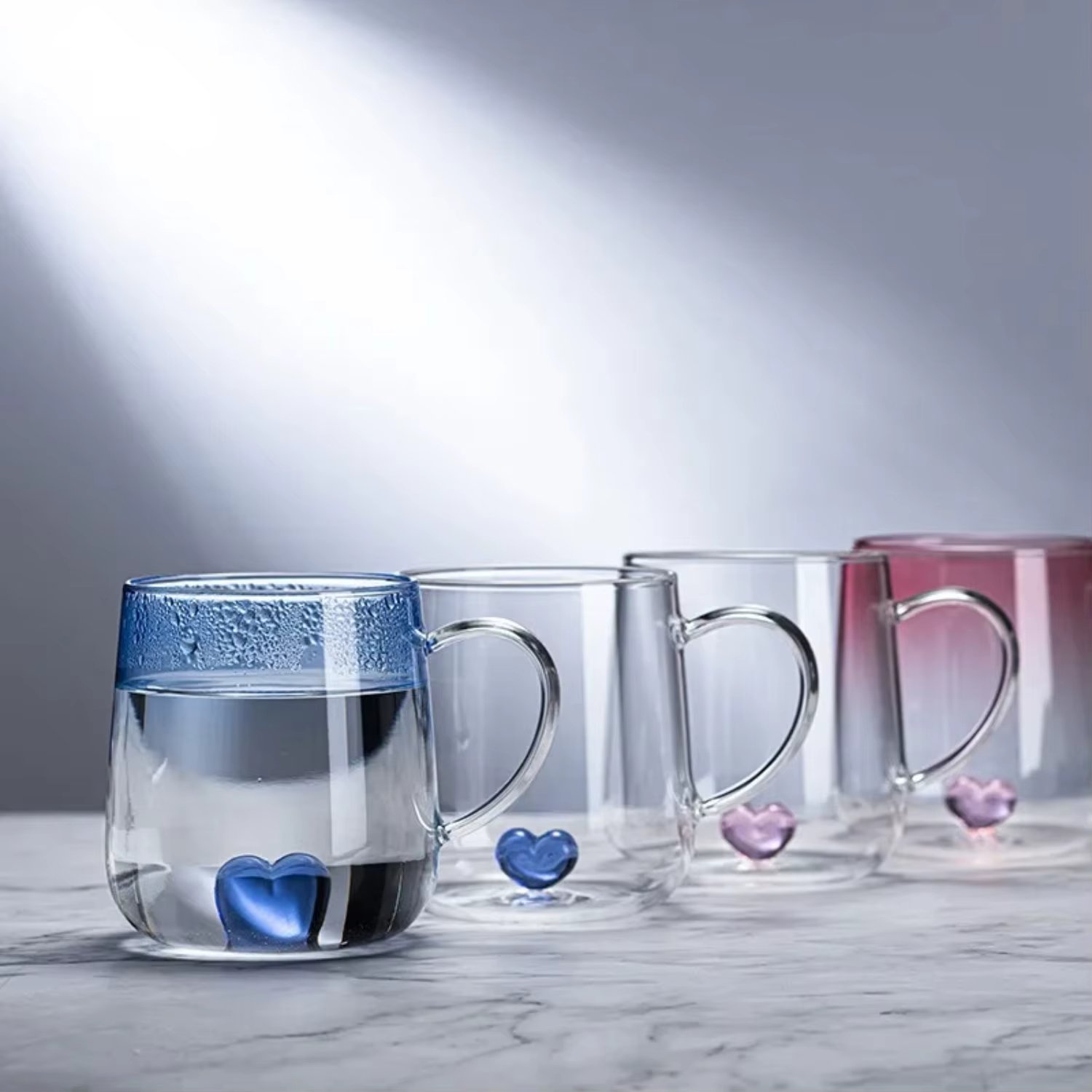 Gradient Blue Heart Glass Single-Layer Cup - Couple Warm Heart Cup with Handle - Creative Love Milk Juice Water Cup - Romantic a