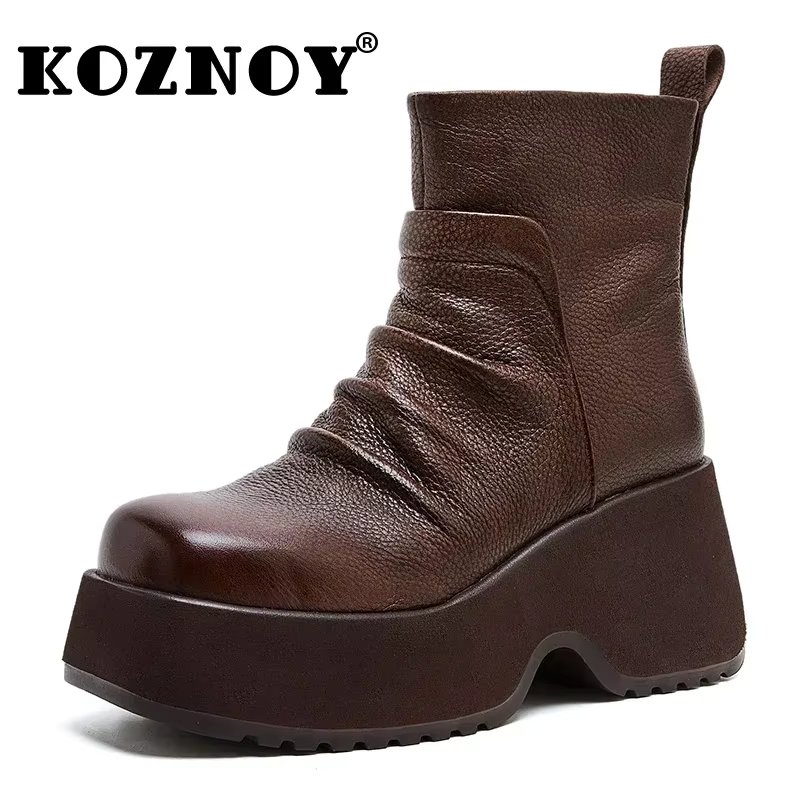 Koznoy 8cm Cow Genuine Leather Booties Woman PUNK Autumn Ankle Mid Calf Boots Spring Platform Plush Warm Boots Winter Shoes With