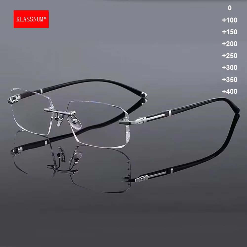 KLASSNUM Men Reading Glasses Rimless Cut Edge Presbyopic Glasses Anti Blue Light Anti Fatigue Plus Glasses Presbyopia Clear Lens