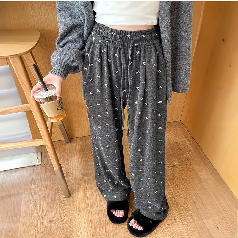 Women's Lounge Pants Drawstring Elastic Waist Cute Bow Print Wide Leg Pajama Pants Teen-girl Bottoms Youth Clothes