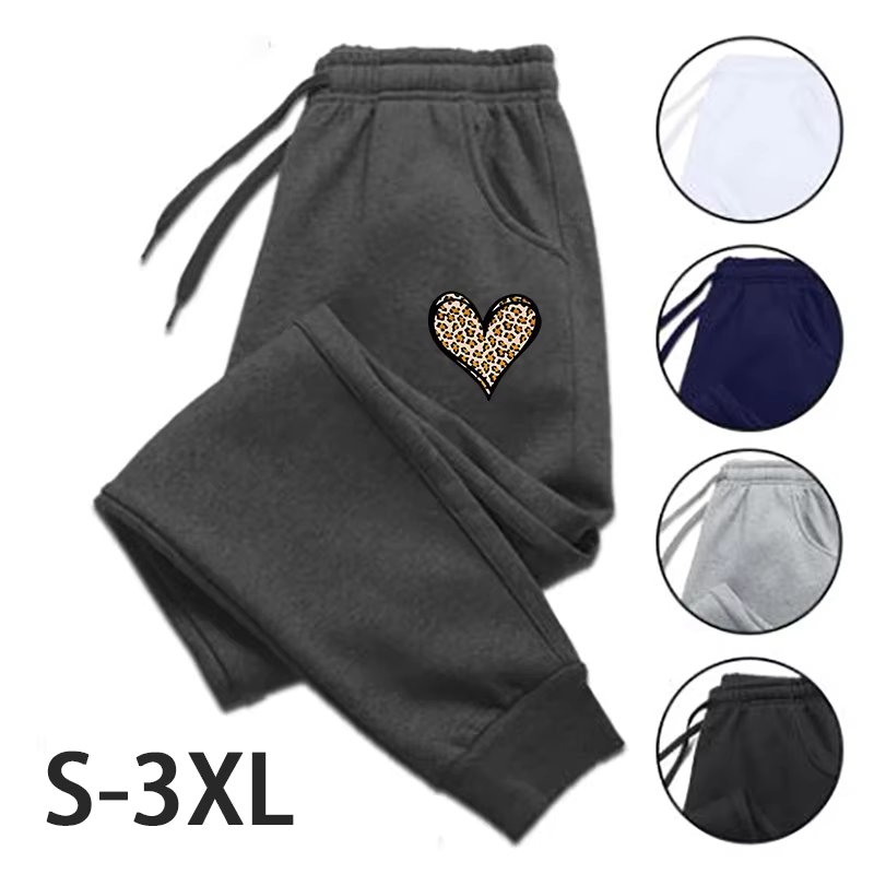 Leopard Patterned Heart Print Pants Women Fashion Sports Trousers Drawstring Jogging Pants Trousers Casual Baggy Pants Sweatpant