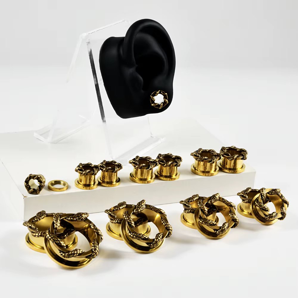 PAIR Stainless Steel Golden Nine Styles Ear Plugs Expanders Piercing Screw Ear Gauges Earring Stretchers Body Piercing Jewelry