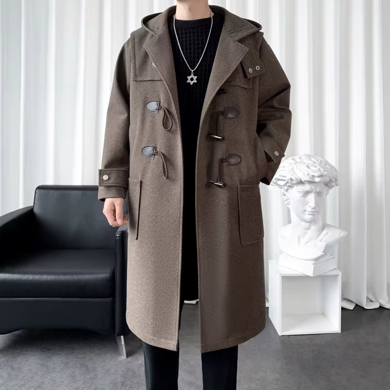 Newest Winter Men's Woolen Coat Long Style Double Breasted Overcoat Streetwear All-Match Trench Coat Black Coffee M-3XL