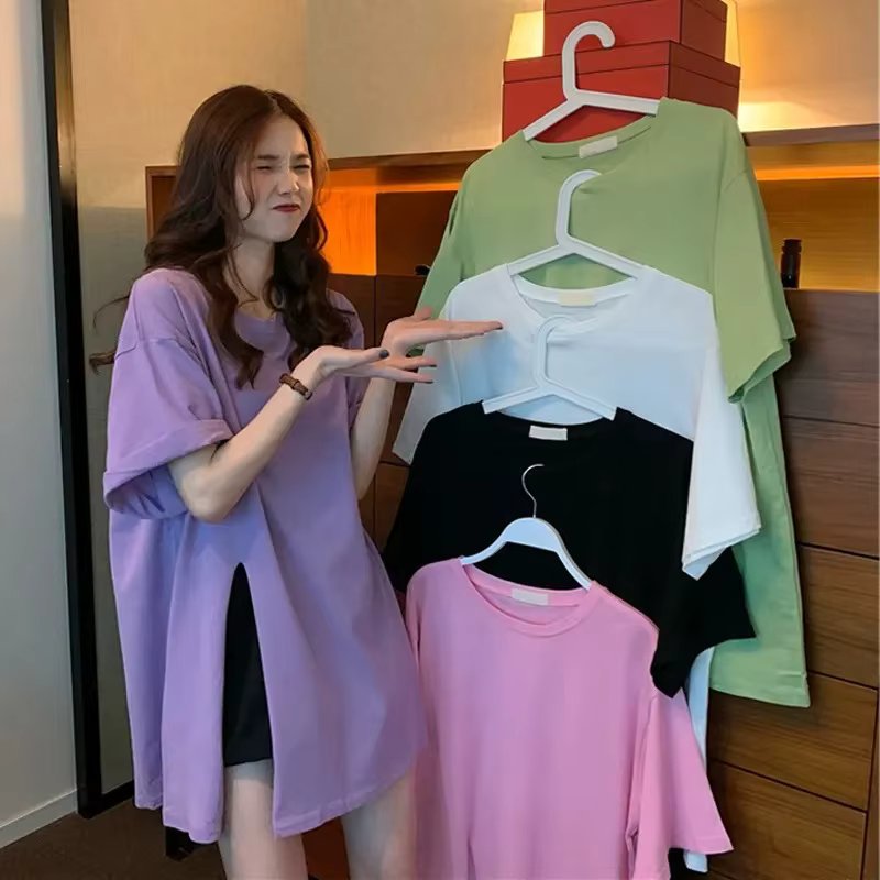 Extra Large Size 2024 Summer New Korean Style Women's Mid-Length Round Neck Slit Short Sleeve T-Shirt Top Drop Shipping