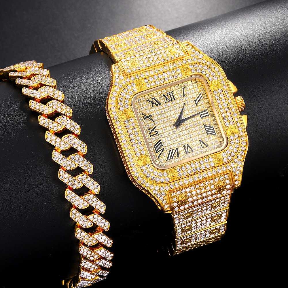 Luxury Moissanite Iced Out Watches Hip Hop Bust Down Unisex Diamond Watch, Stainless Steel Moissanite Studded Wrist Watch