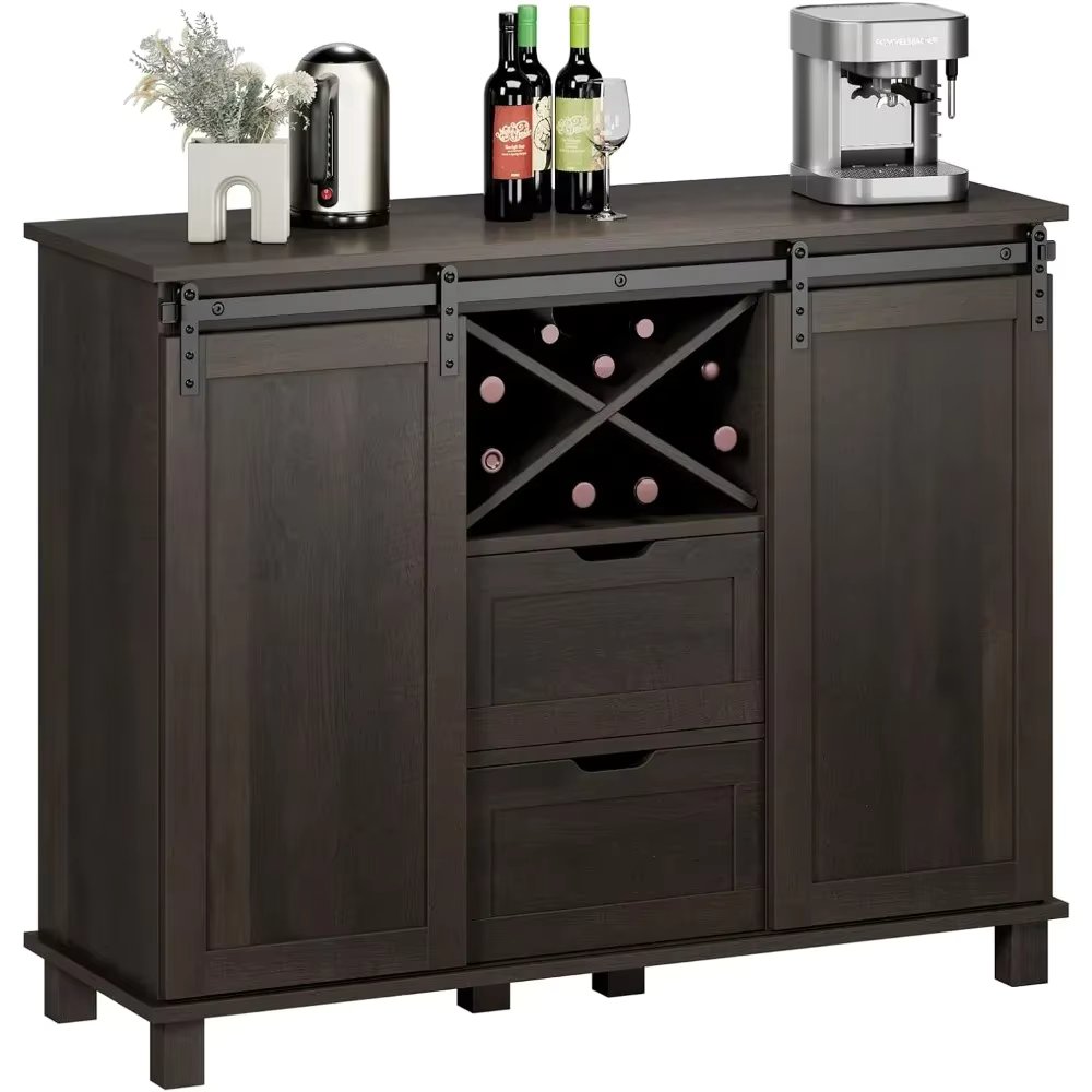 Buffet Sideboard, Coffee Bar Cabinet with Storage, Liquor Wine Cabinet with Sliding Barn Doors, Accent Storage