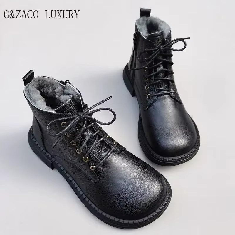 Genuine Leather Women's Boots Natural Wool Men's Shoes Wide Toe High Top Work Shoes Snow Boots Short Sheepskin Fur Winter Boots