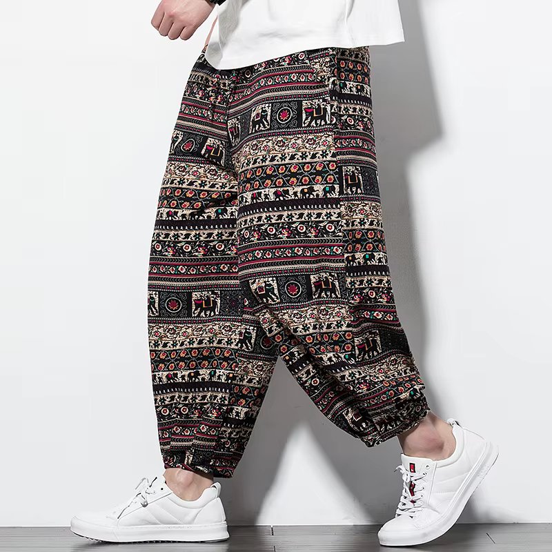 Thailand Elephant Print Carrot Pants Mens Summer Thin Section Harem Pants for Men Beach Cropped Pants