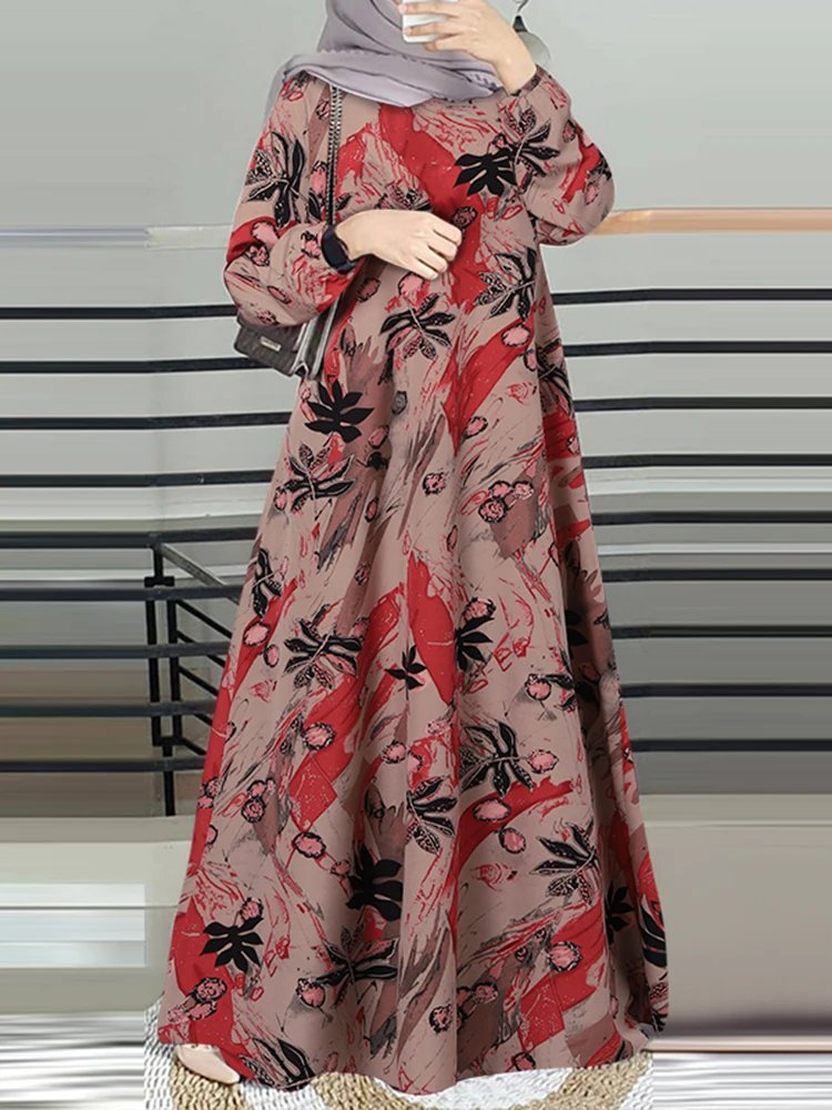 2024 ZANZEA Vintage Elegant Women Long Sleeve Muslim Dubai Dress Islamic Clothing Floral Printed Turkey Abaya Hijab Sundress