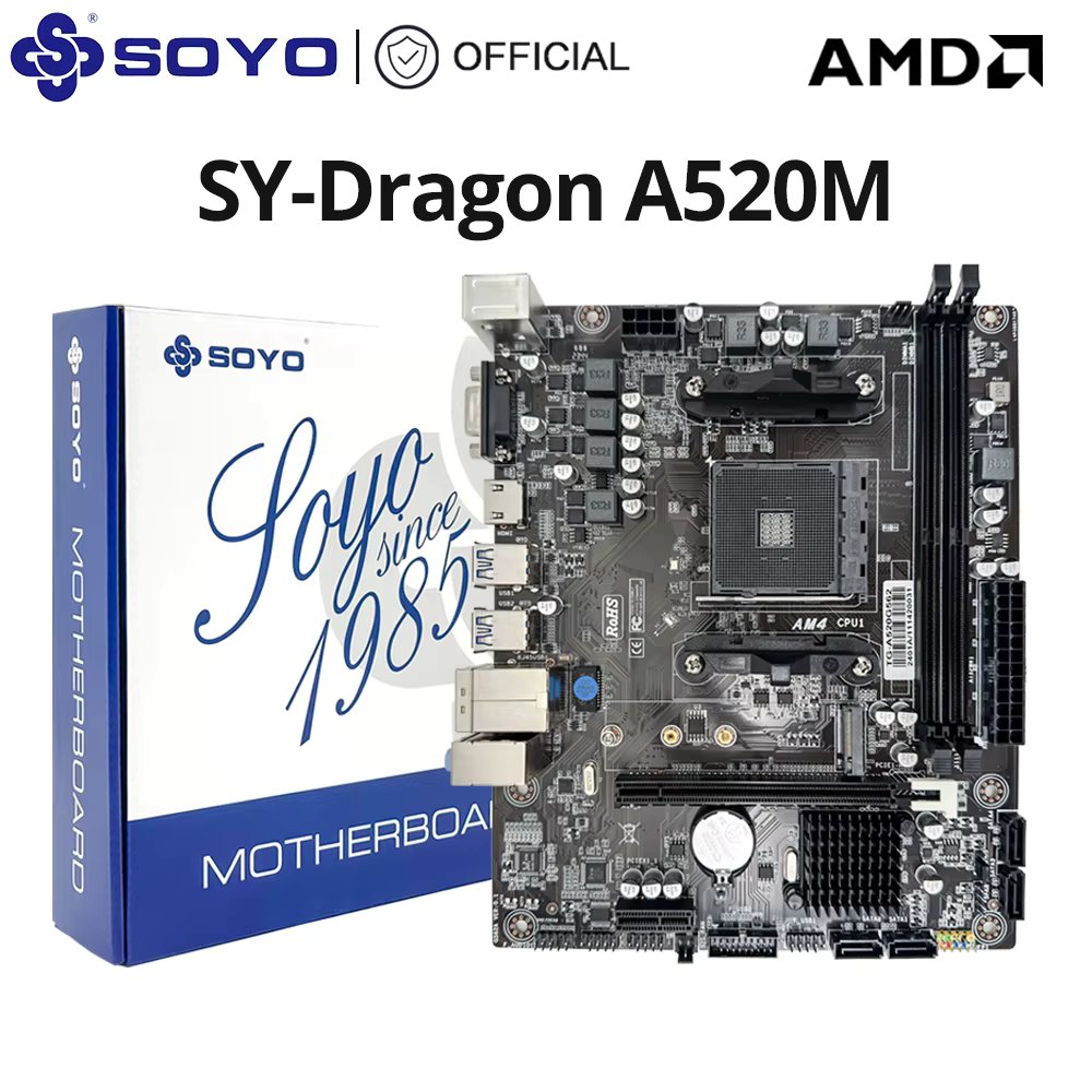 SOYO Full New Dragon A520M Motherboard Support AMD Ryzen CPU(3600/4650G/5600G/5600X) M.2 NVME USB3.1 Dual Channel DDR4 Memory
