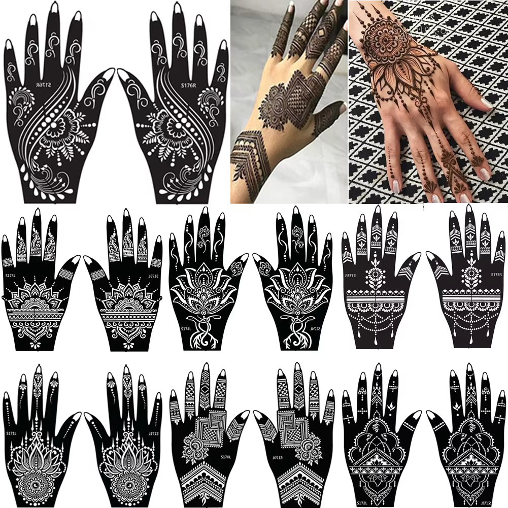 14 Sheets Henna Tattoo Stencil Temporary Hand Arm  Face Tattoo Supplies Stencils Tatuaże Tymczasowe for Wedding Party Decor