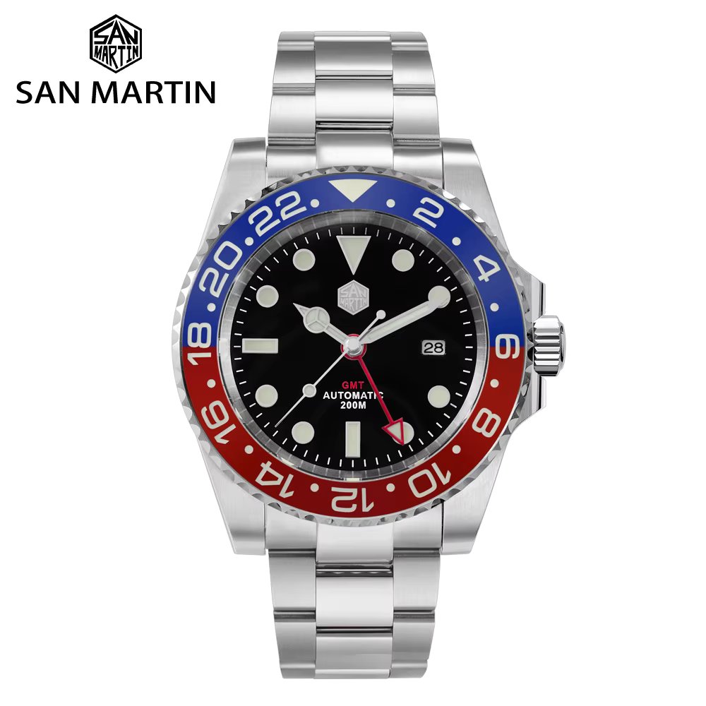 San Martin Luxury Men Mechanical Watches GMT Business Self Winding Wrist Watch Sapphire Waterproof 200m Date Full Luminous