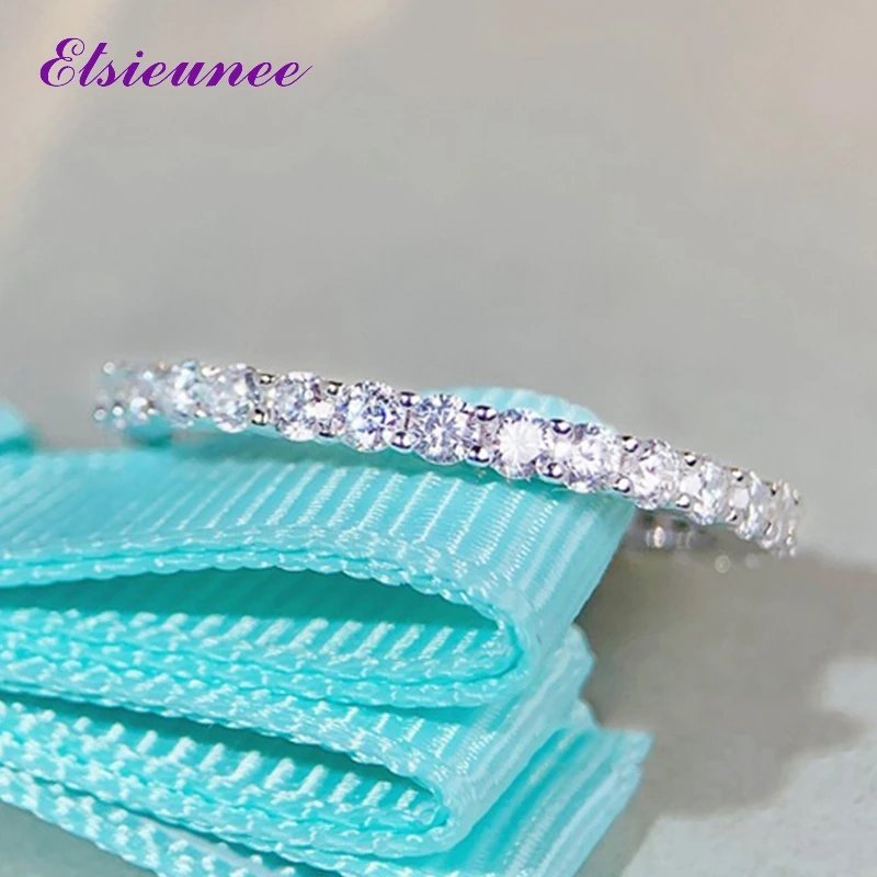 ELSIEUNEE 100% 925 Sterling Silver 0.2CT Round Cut Sapphire Emerald Diamonds Wedding Bands Engagement Ring Fine Jewelry Gifts