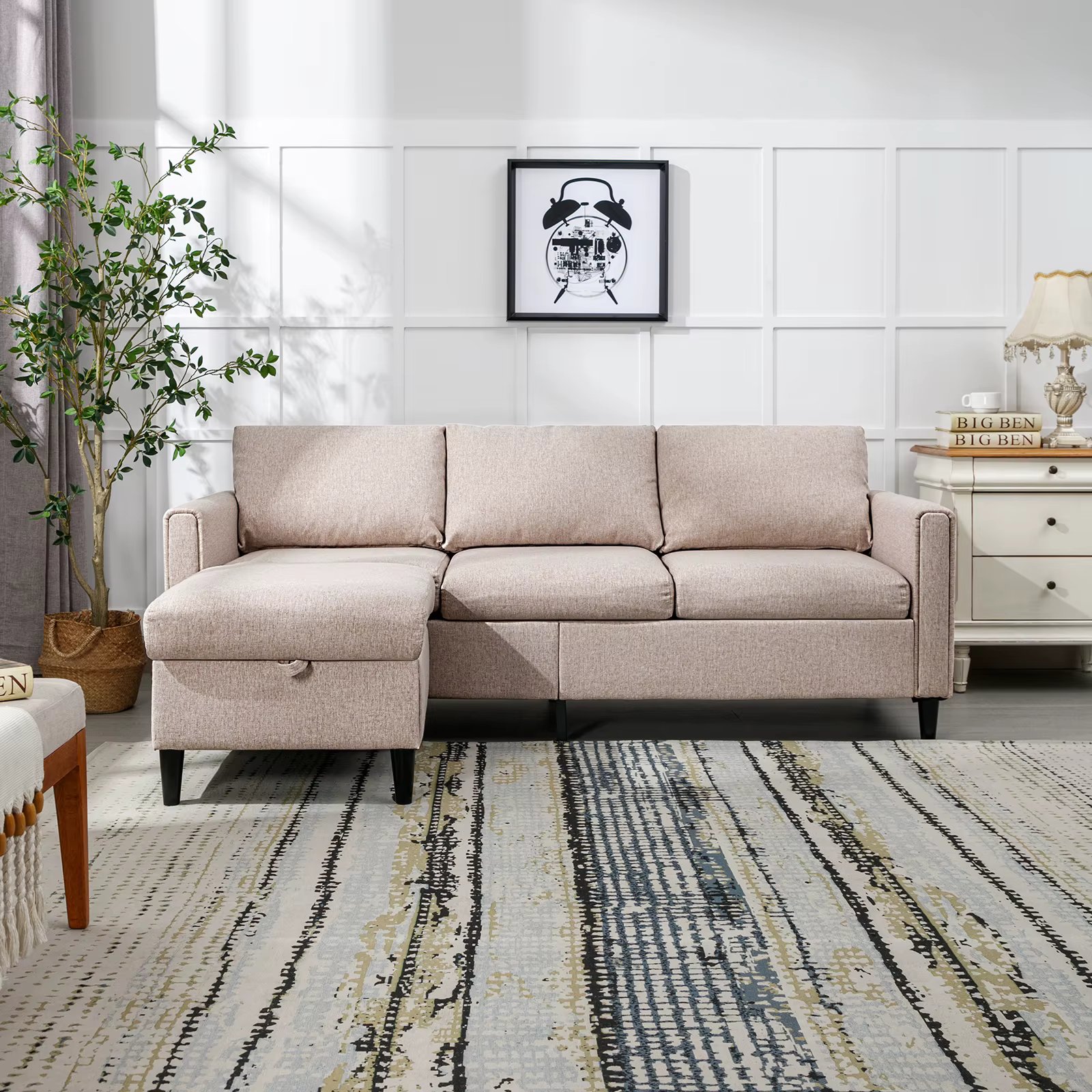 HORGAEO 78" Sectional Sofa with Moveable Storage Ottoman, Upholstered 3-seat Sofa with Cross Linen Fabric