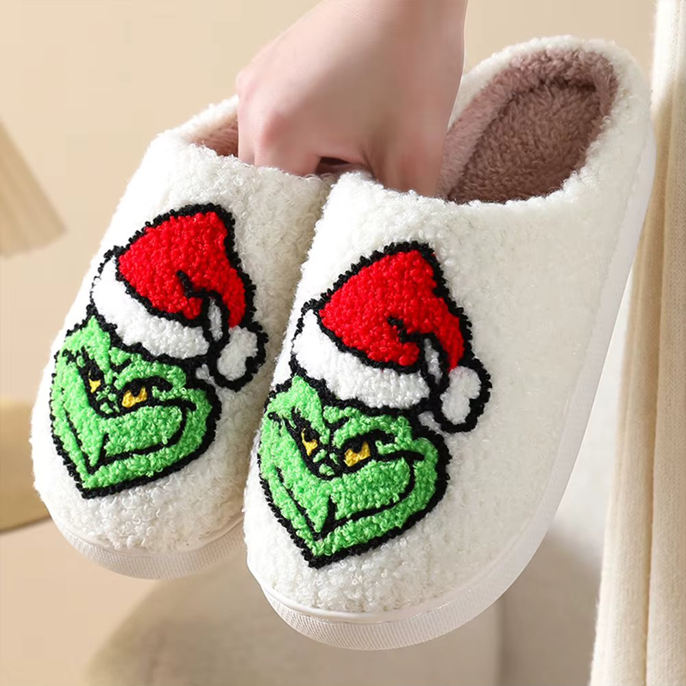 For Grinch Plush Slippers Flat Thermal Slippers Comfortable Fluffy Home Slippers Furry Green Monster Slippers for Autumn Winter