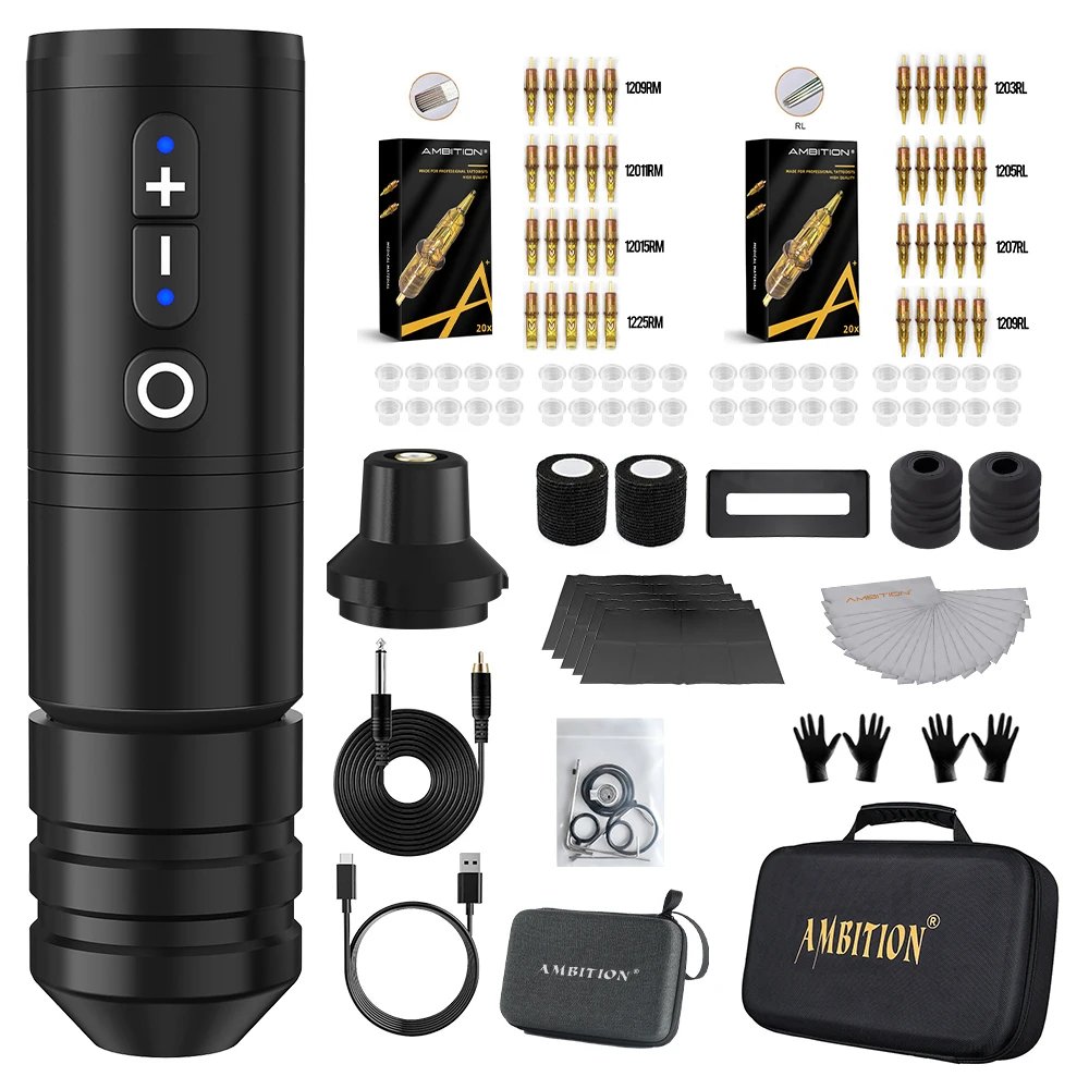 Ambition Ninja Pro Wireless Tattoo Machine Kit 2400mAh Battery Tattoo Pen Professional Full Set Permanent Makeup Tools Body Art