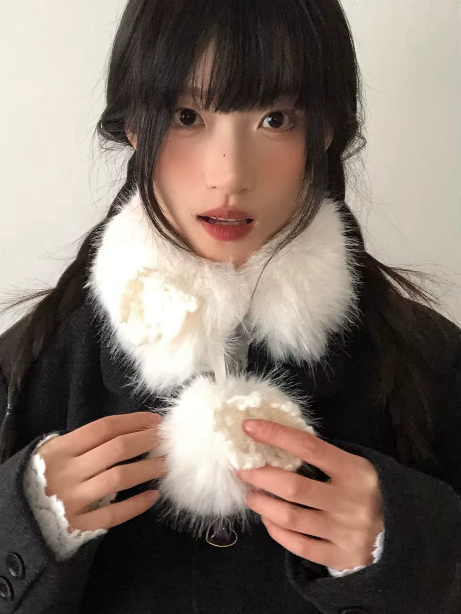 White Fluffy Small Scarf For Women, Korean Style, Thick, Warm, Cute Fur Neck Warmer, Soft And Fluffy