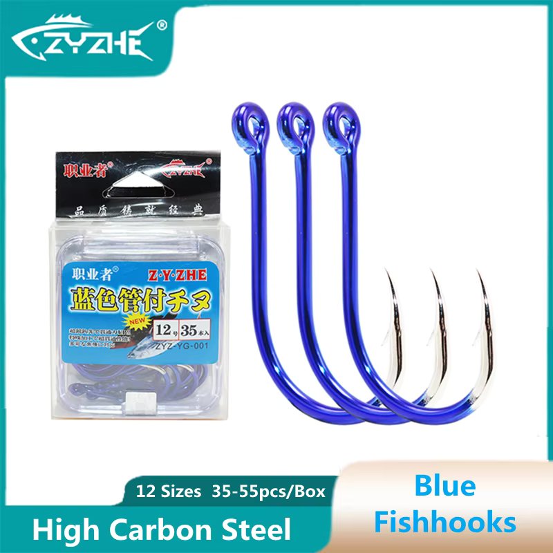 ZYZ Blue Chinu Hooks 35-55pcs/Box With Storage Case High Carbon Steel 12 Sizes Offset Hooks Sea or Freshwater Fishing Tackle