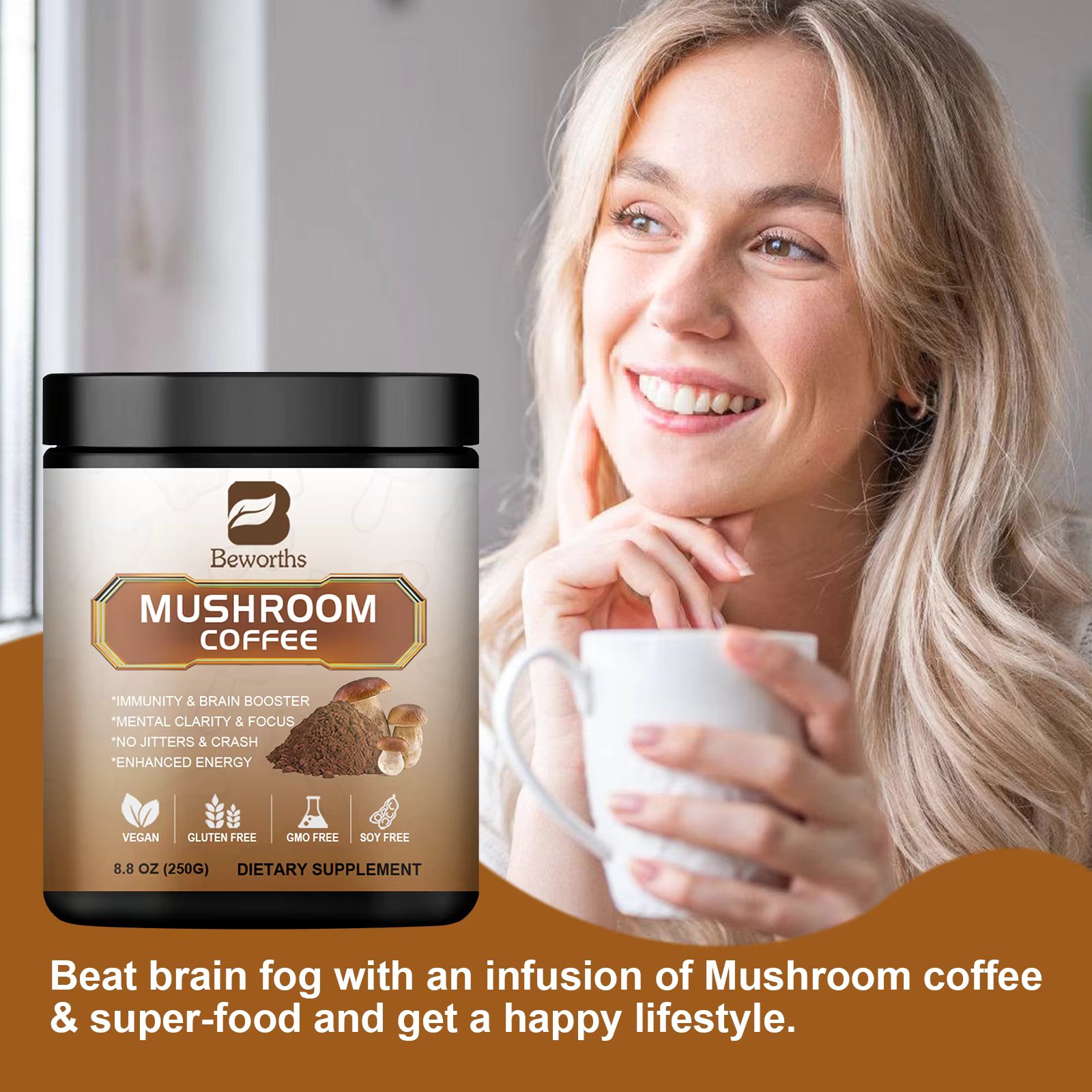 Mushroom Coffee Supplement with Cordyceps, Reish, Lion's Mane For Energy, Focus, Positive Mood And Immune Support