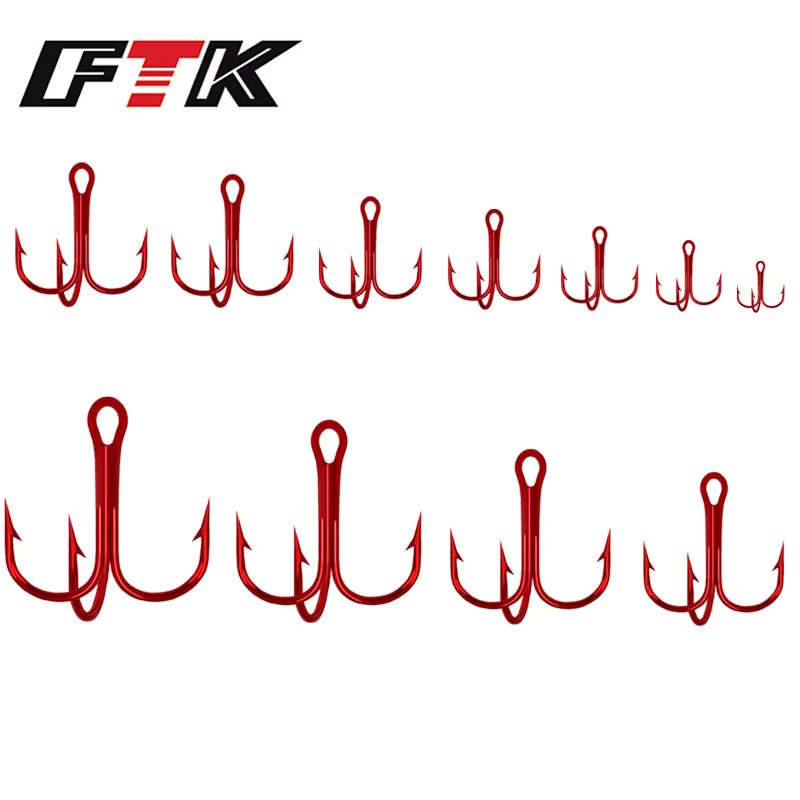 FTK 50Pcs Fishing Hooks 1#-12# Red Barbed Triple FISHHOOK Overstriking Fishing Tackle High Carbon Steel Treble Hooks