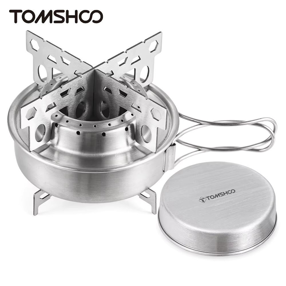 Tomshoo Portable Outdoor Stainless Steel Alcohol Stove with Foldable Handles for Camping Hiking Backpacking Picnic Survival
