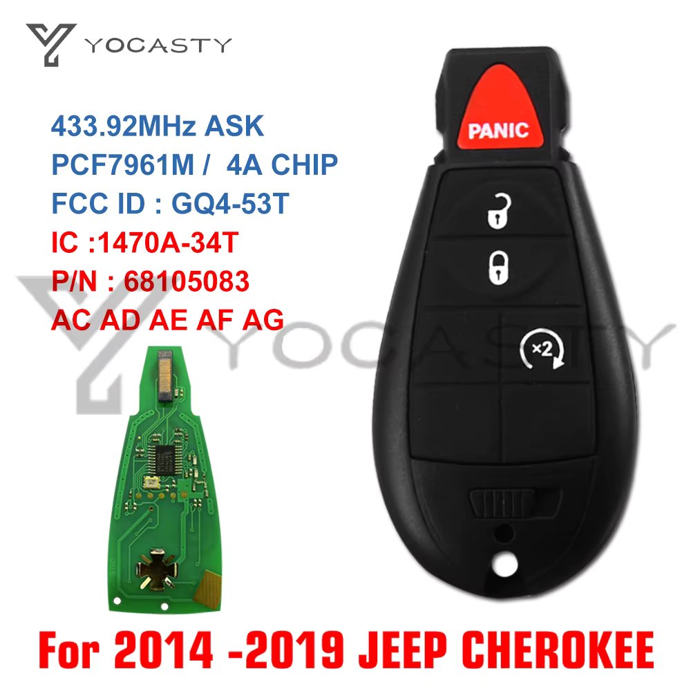 YOCASTY M3N-40821302 Smart Remote Car Key Fob 4 Buttons ID46 For 2014 2015 2016 2018 2019 Jeep Grand Cherokee 433MHz PCF7953A