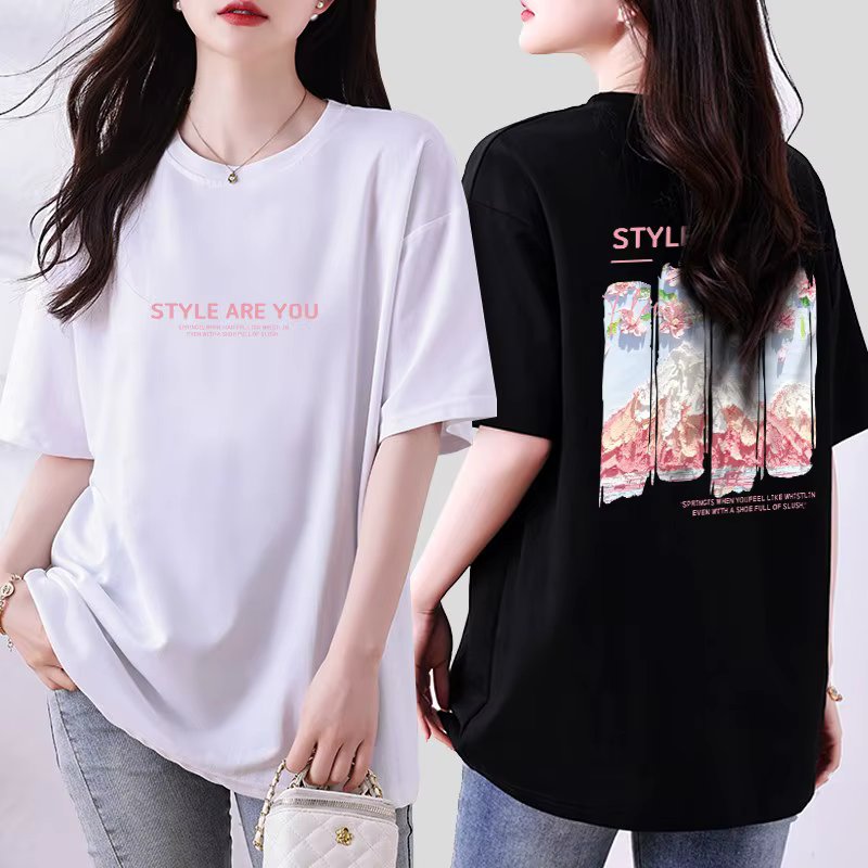 Women's Cotton 100% Loose Half-sleeved T-Shirt Summer Front Rear-print Long Ttee TS2558