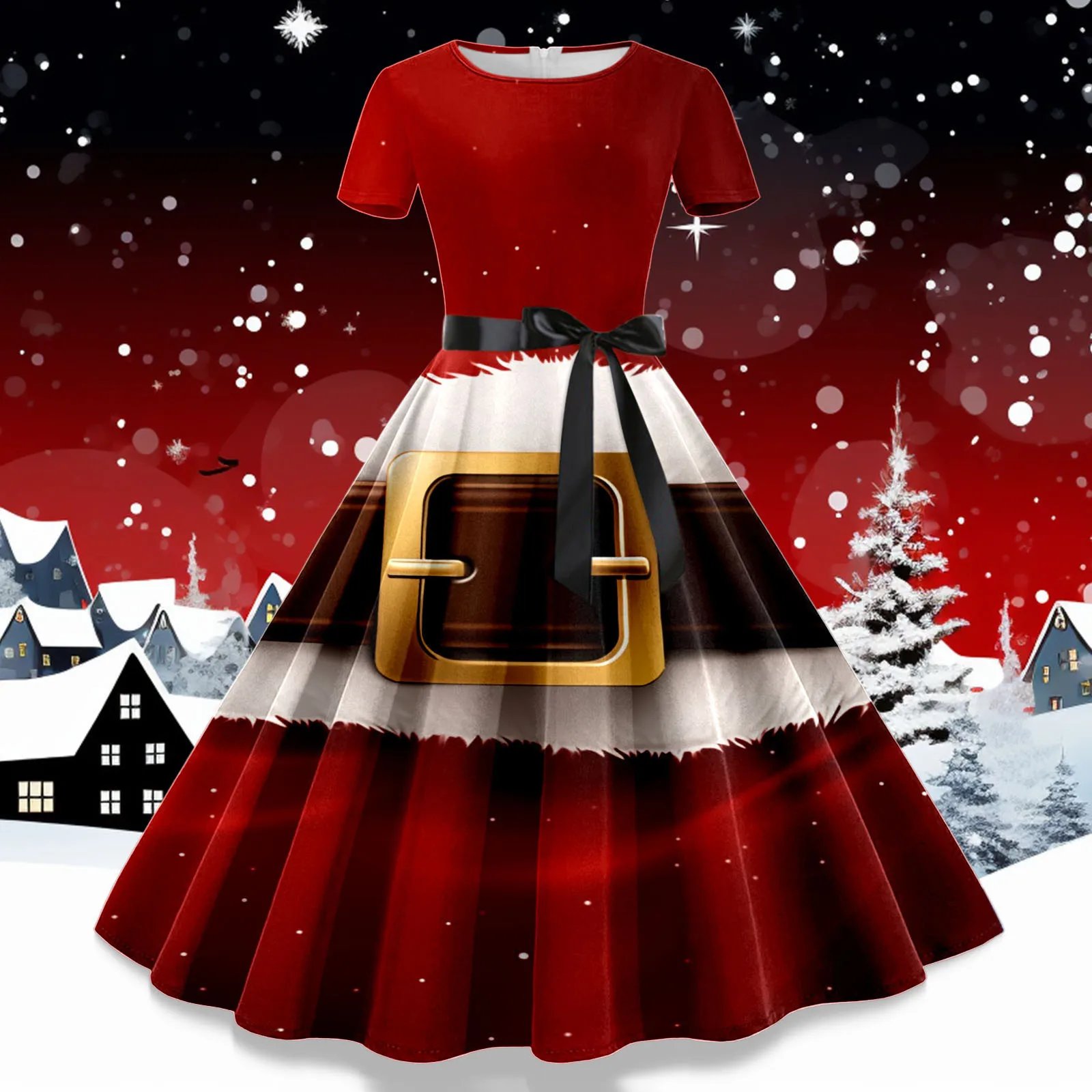 Robe Christmas Dresses for Women Winter Pinup Rockabilly Sexy Cosplay Party Dress Santa Claus Snow Print Cocktail Prom Dress