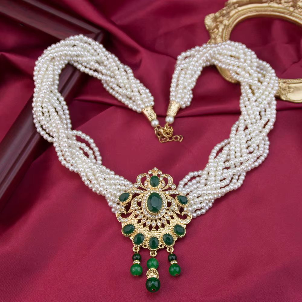 sunspicems Morocco Pearl Choker Beads Chain Neckalce Crystal Pendant Gold Color Arabian Bridal Wedding Jewelry Algeria Bijoux