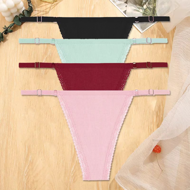FINETOO 4Pcs/set Women Cotton Thongs Adjustable Waistband Underwear Low-Rise Sexy G-string Panties Ladies Soft Bikini Underpants