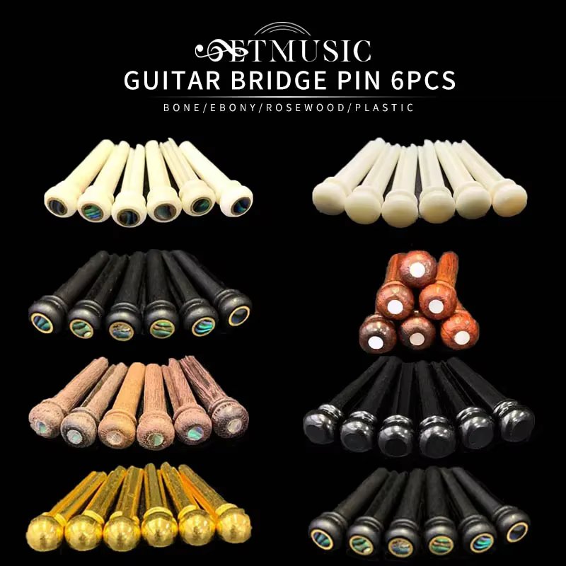 6pcs Real Bone Acoustic Guitar Bridge Pins Pure Bone Ebony Bridge Pin with Brass Circle for Folk Guitar Replacement Accessories