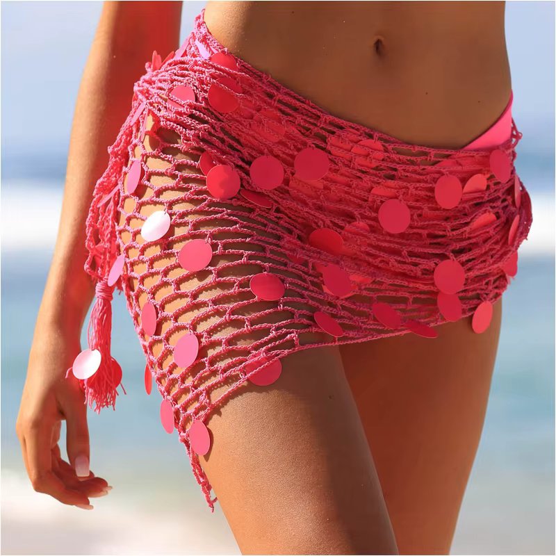 Women's Handmade Crochet Triangle Mesh Shawl With Sequins Sexy Beach Sunscreen Skirt Summer Hollow Out Swimsuit Cover Ups