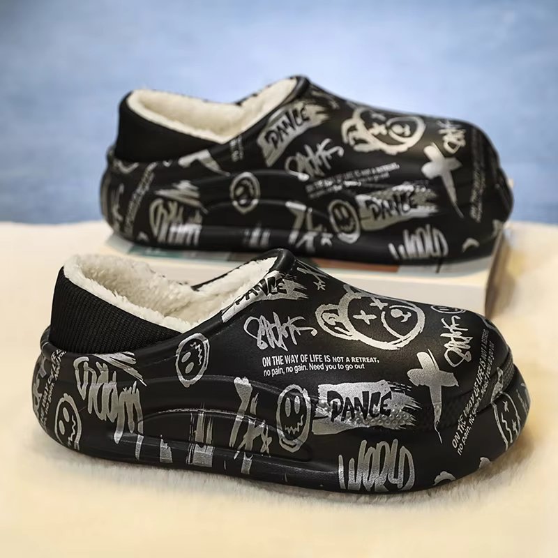 Warm Cotton Slippers for Men Casual Printed Home Cotton Shoes Thick Bottom Waterproof Garden Clogs Mens Winter Slip On Shoes