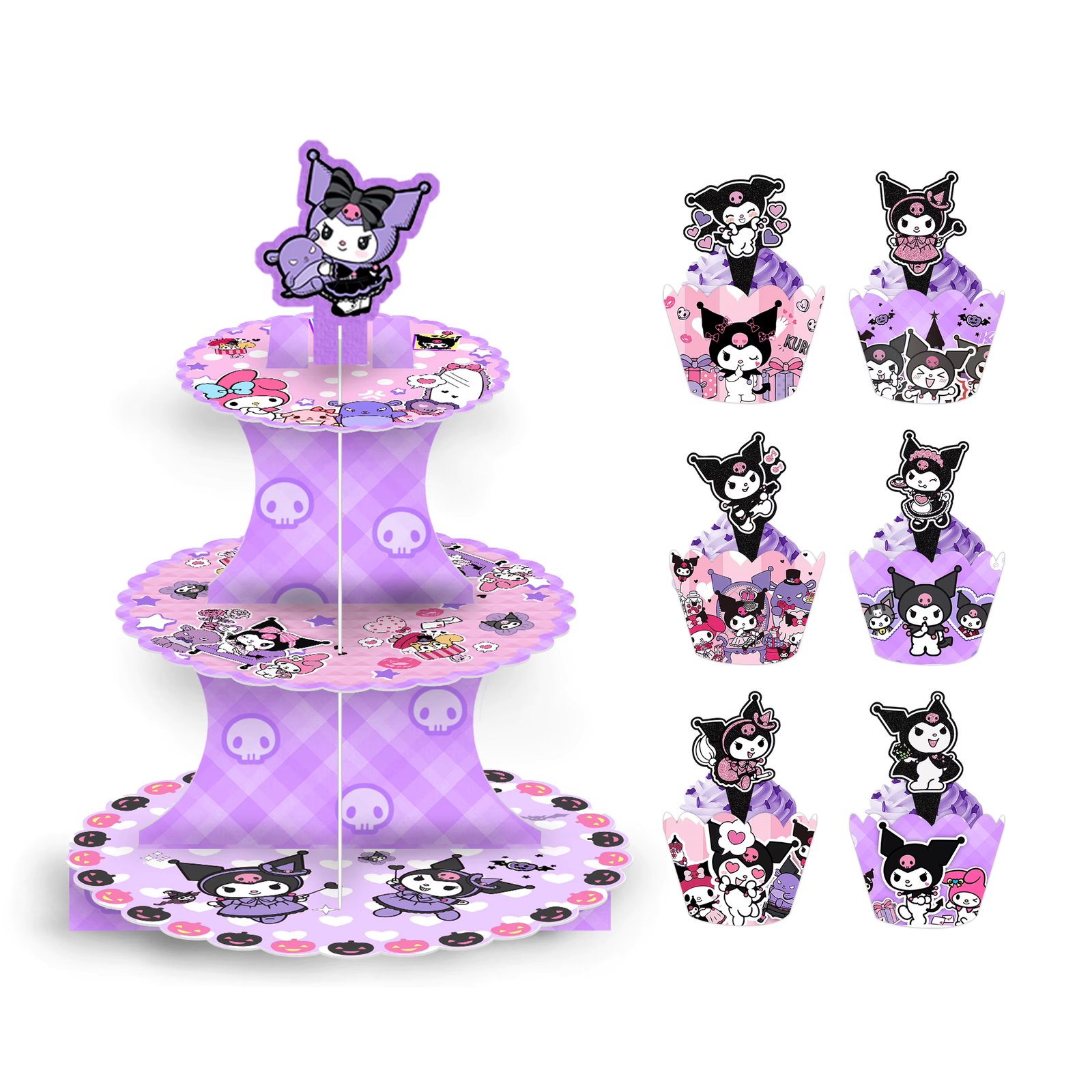 3-Layer Kuromi Cake Rack Party Decor Set Cake Toppers Wrappers Cupcake Stand Cute Dessert Tower Party Birthday Tray Decoration