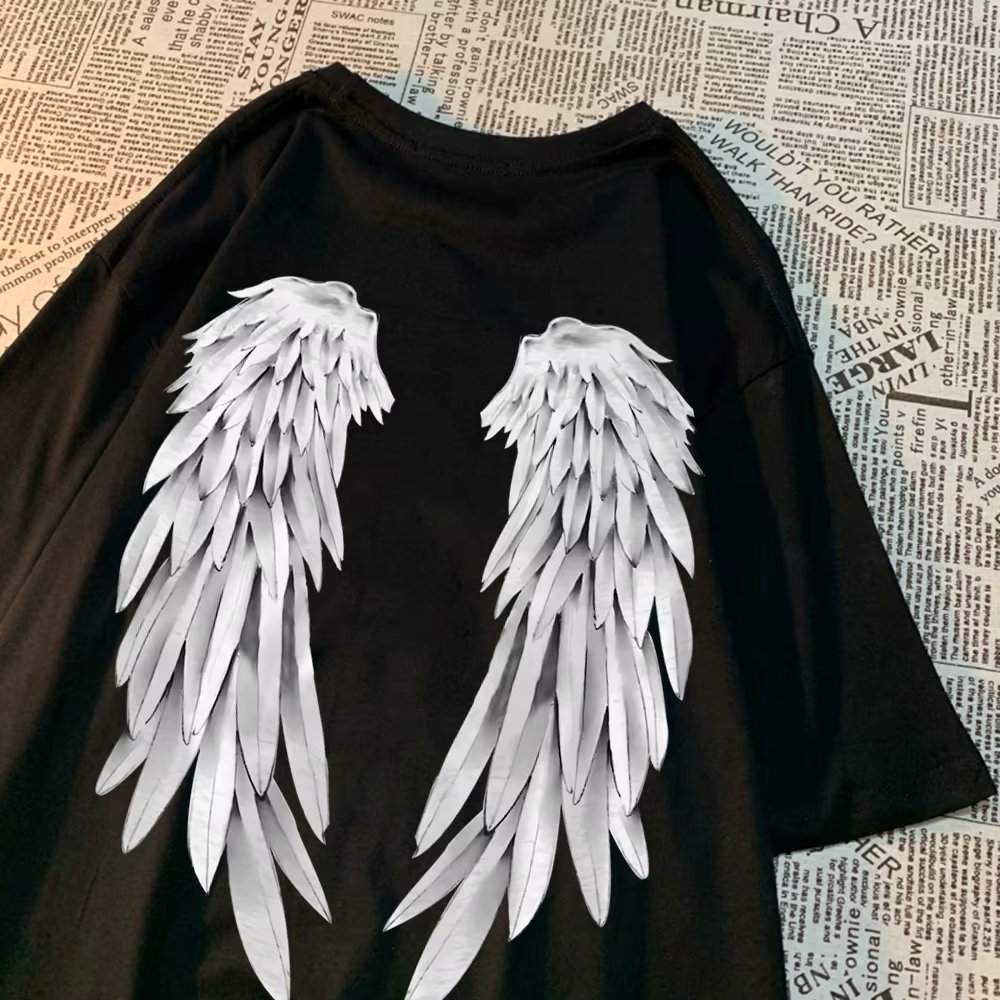 Angel Wings Personality Pattern Tshirt Men Women Hip Hop Quality T-Shirts Creativity O-Neck Tops Personality Quality T-Shirts