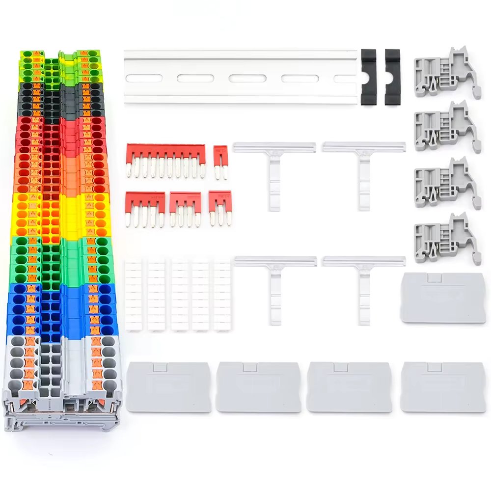 PT2.5 Din Rail Terminal Blocks Kit 12AWG Spring Contact End Cover Stop Plug-In Jumper Bridge Marker Strip Assembly Combined 1Set