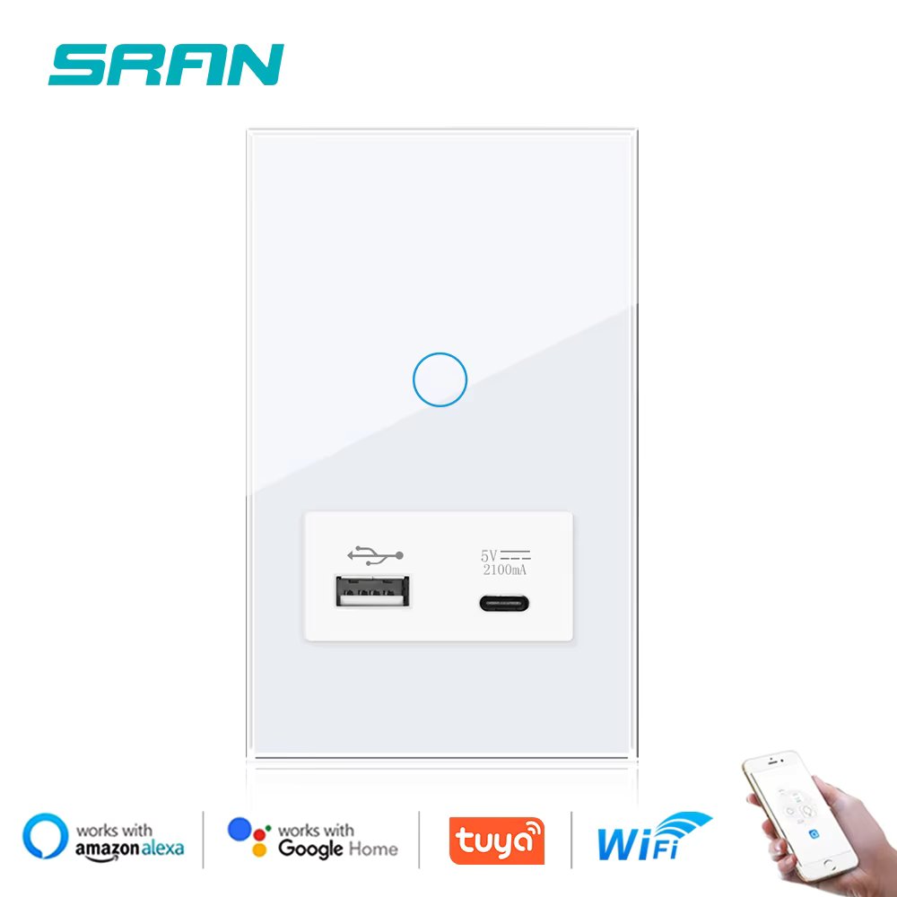 SRAN Smart Wifi Switch 1/2gang, USB Type-C Charger Not Wifi, Tempered Glass Panel 118*72mm, Wall Touch Switch APP Control
