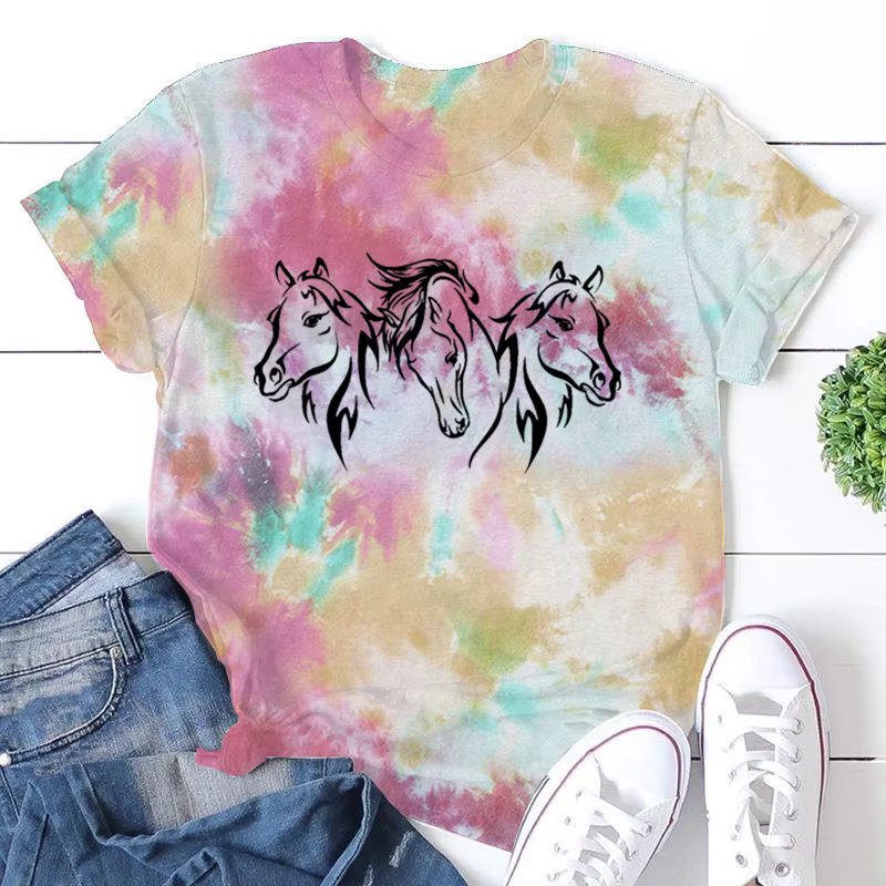 Horse Print T-Shirts Women Short Sleeve T-Shirts Funny Round Neck Tee Shirt Casual Summer Tie Dye T Shirts Ladies Plus Size Tops