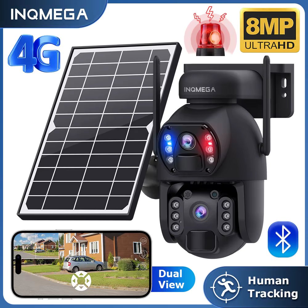 INQMEGA 8MP Solar Powered Camera 4G Waterproof Outdoor Wireless Security Camera Dual Lens Night Vision PTZ Cam
