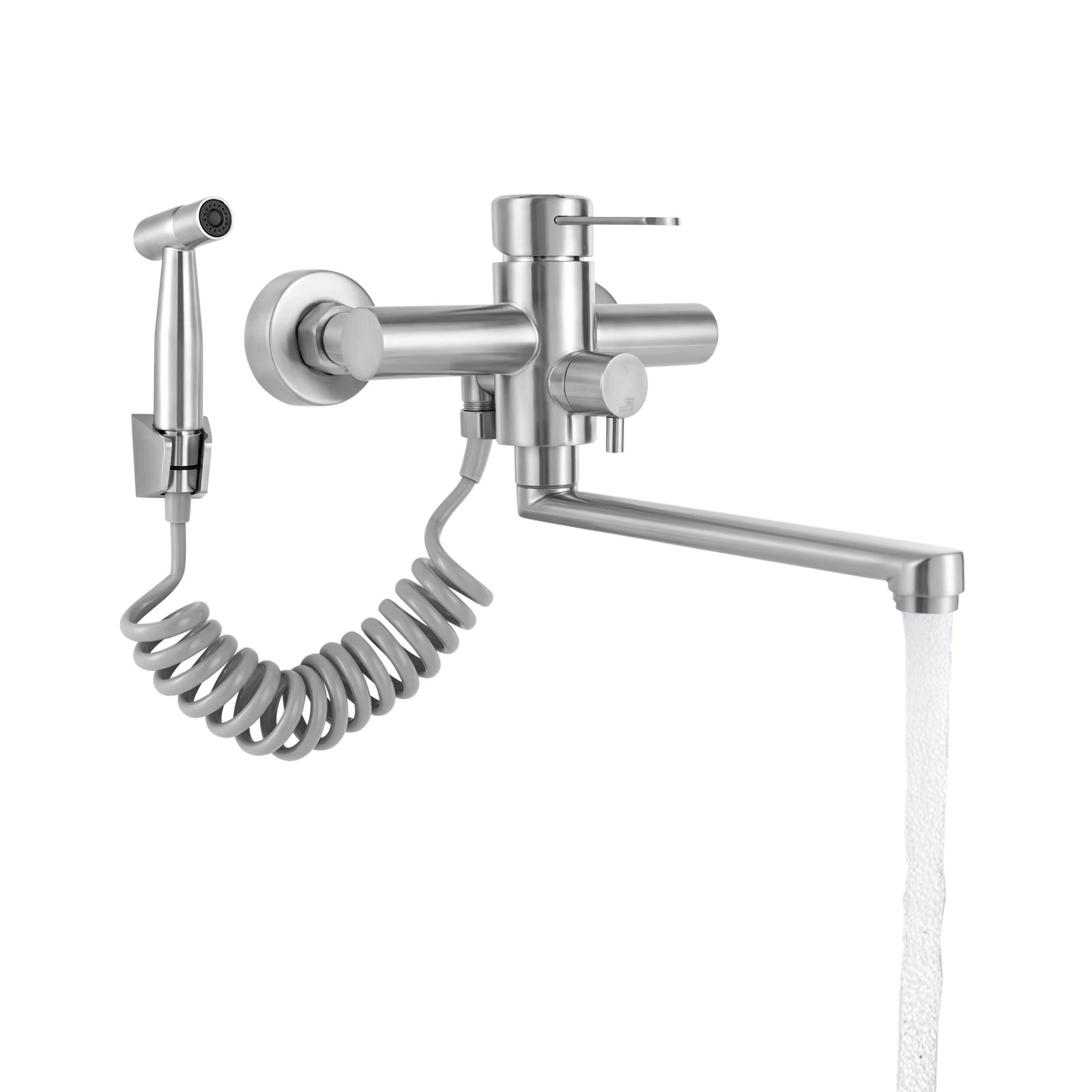 Wall Mount Kitchen Sink Faucet, with Side Sprayer, No Drilling Required, Reach Spout