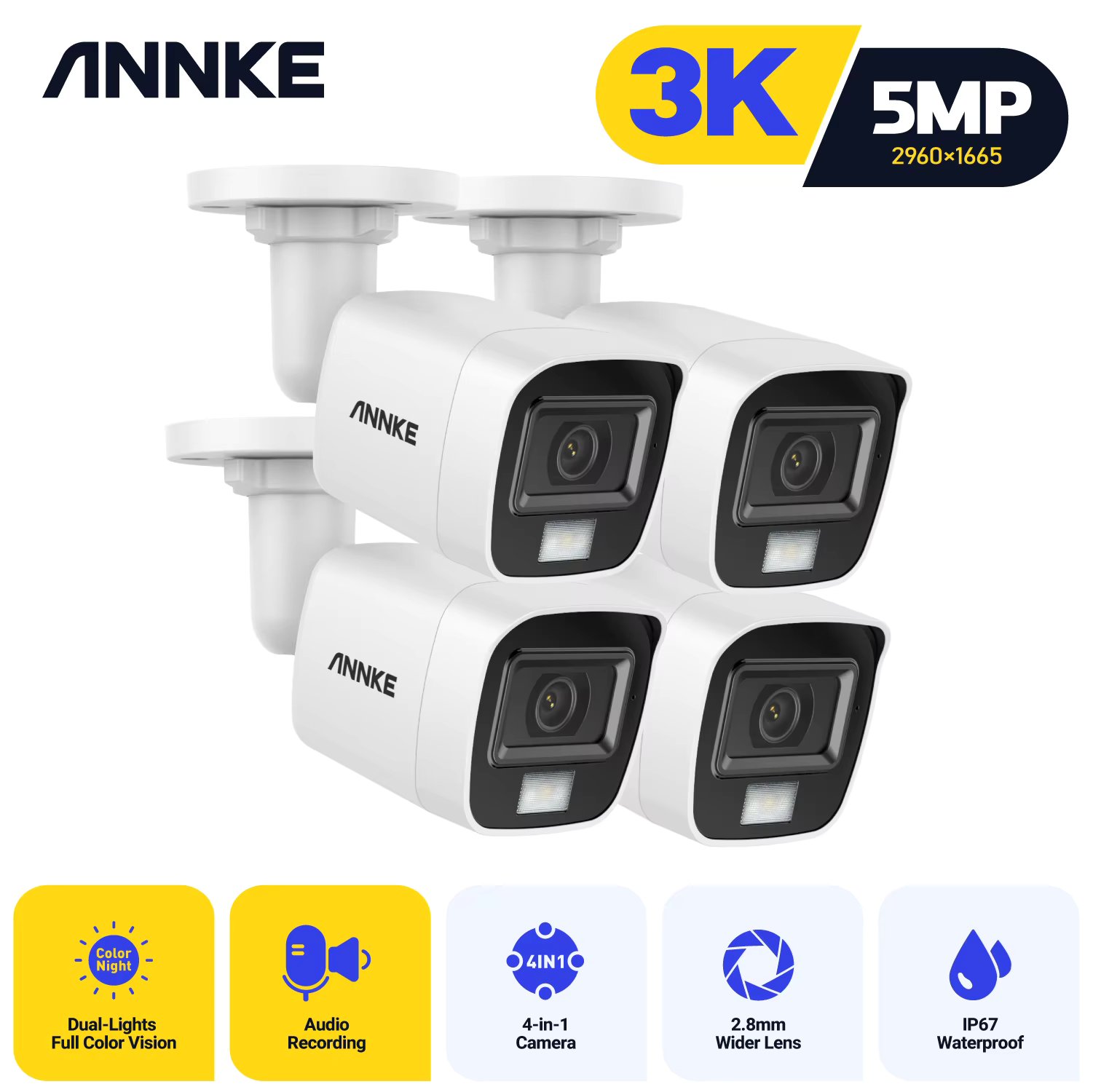 ANNKE 4Pcs 5MP HD IP67 Weatherproof Two Way Audio in Cameras Kit Indoor Outdoor H.265+ Analog CCTV Security Camera Built in Mic