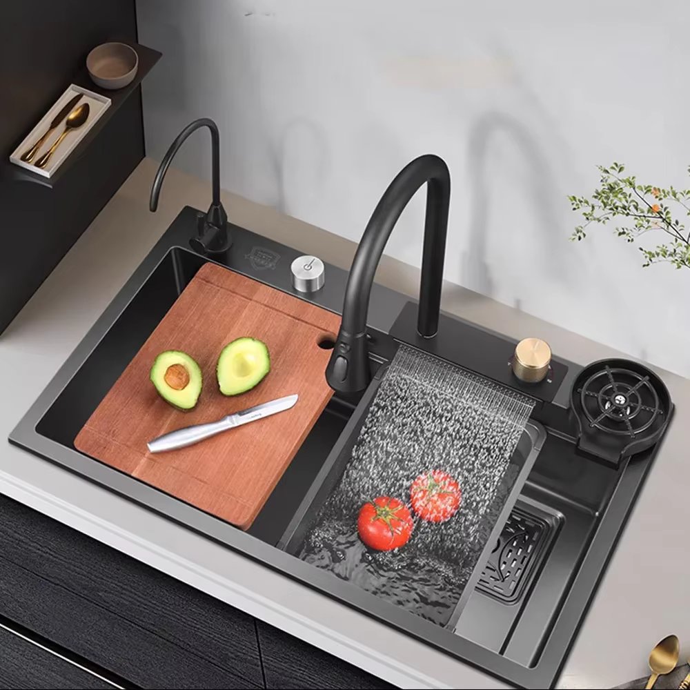 Waterfall Sink Kitchen Stainless Steel Topmount Sink Large Single Slot Wash Basin With Multifunction Touch Waterfall Faucet