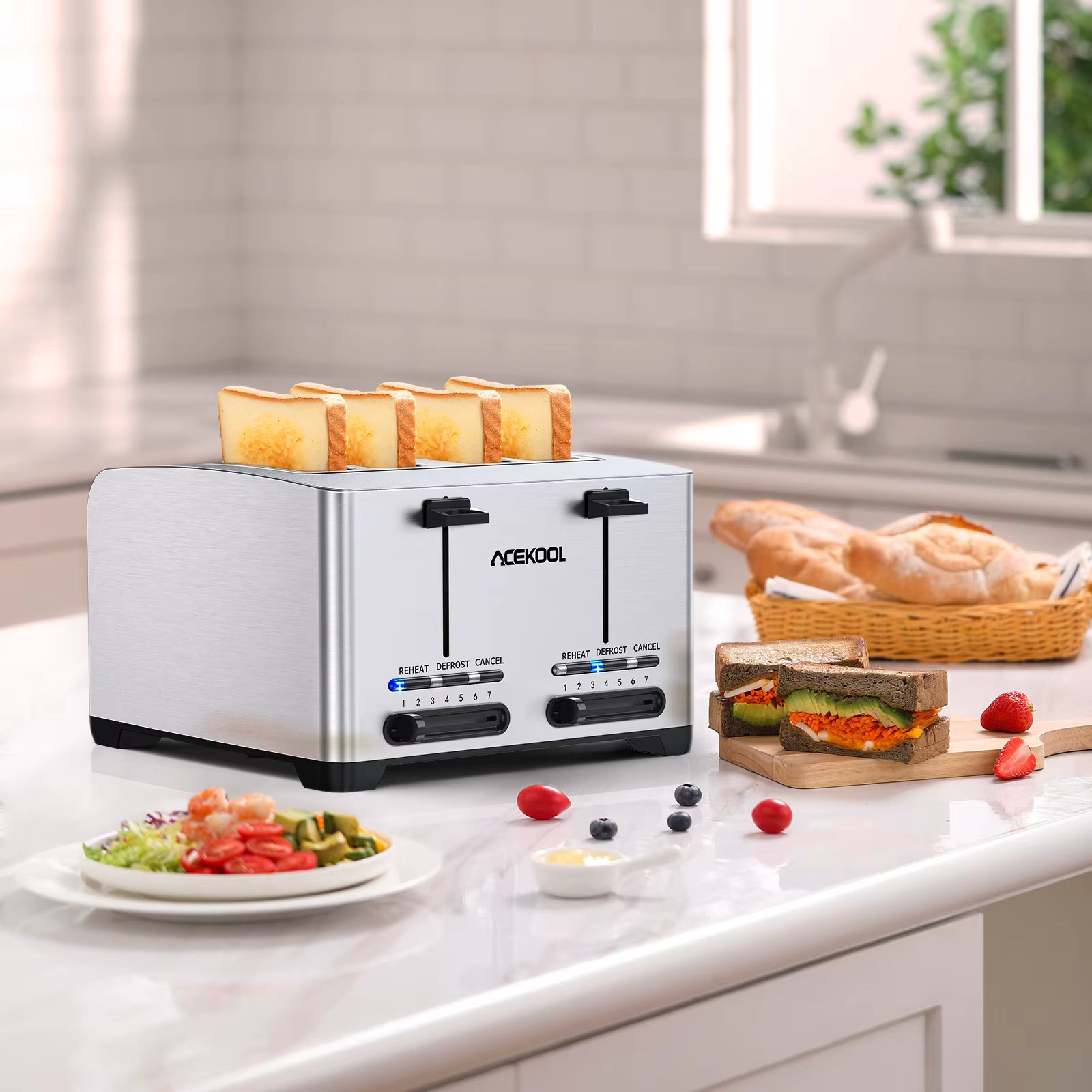 Toaster 4 slices TA1 automatic toaster stainless steel compact extra wide,7 browning levels,defrost & warm up& cancel crumb tray