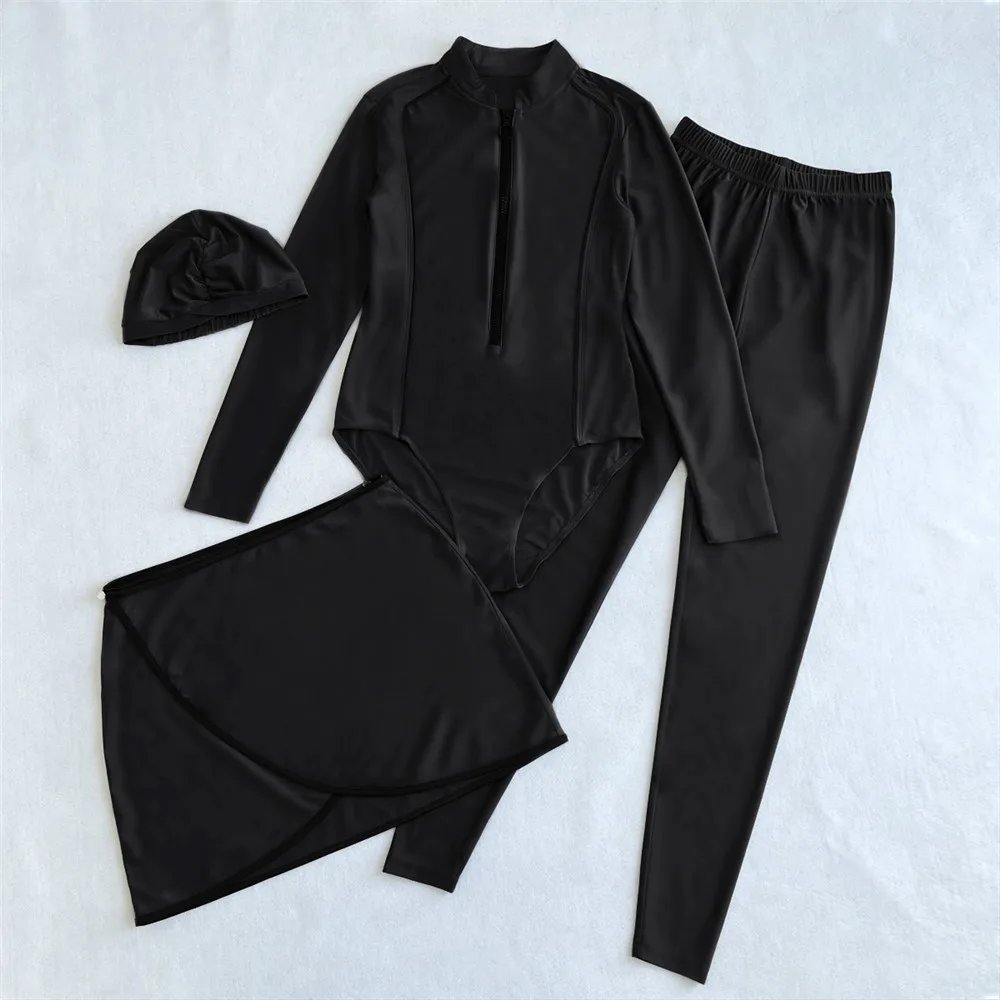 4pcs Set Muslim Swimwear Women Modest Patchwork Hijab Long Sleeve Sport Swimsuit Islamic Burkinis Wear Full Cover Bathing Suit